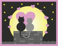 Amor, dia de são valentim ou toda a imagem do dia dos corações Gatos no telhado com lua, corações e as estrelas grandes ilustração royalty free Amor, dia de são valentim ou toda a imagem do dia dos corações Gatos no telhado com lua, corações e as estrelas grandes ilustração royalty free