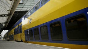 Amsterdam, Nederland 18 oct 2016 Gele trein die station verlaten stock videobeelden Amsterdam, Nederland 18 oct 2016 Gele trein die station verlaten stock videobeelden