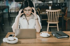 An Asian Girl Is Freelancer Woman, She Is Working And Stress Feeling Stock Photos