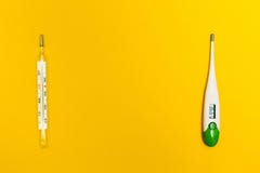 Analog and digital thermometer on a yellow background, with space for text. The temperature of 36.6 C stock photo Analog and digital thermometer on a yellow background, with space for text. The temperature of 36.6 C stock photo