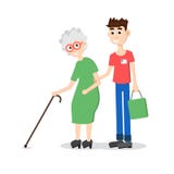 Anciano de ayuda del hombre El muchacho ayuda a la señora mayor Vector plano del estilo ilustración del vector Anciano de ayuda del hombre El muchacho ayuda a la señora mayor Vector plano del estilo ilustración del vector