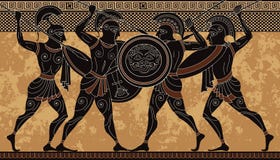 Ancient greece warrior.Black figure pottery.Ancient greek scene