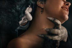 Ancient monster vampire demon bites a woman neck. Halloween fantasy royalty free stock photography Ancient monster vampire demon bites a woman neck. Halloween fantasy royalty free stock photography