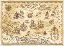 Ancient Pirate Map Of The Caribbean Sea With Ships, Islands And Fantasy Creatures Royalty Free Stock Photography