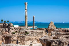 Ancient Ruins At Carthage, Tunisia With The Mediterranean Sea In Royalty Free Stock Photos Ancient Ruins At Carthage, Tunisia With The Mediterranean Sea In Royalty Free Stock Photos