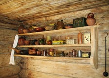 Ancient Shelf For Kitchen Utensils. Stock Photo