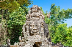 Ancient stone faces Bayon temple in Angkor Thom royalty free stock photography Ancient stone faces Bayon temple in Angkor Thom royalty free stock photography