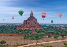 Ancient Sulamani pagoda and colorful hot air balloons flying over Bagan Mandalay division Myanmar