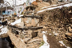Ancient Tibetan Buddhist chorten in Upper Pisang Village in the Annapurna region, Nepal, Manang district stock images Ancient Tibetan Buddhist chorten in Upper Pisang Village in the Annapurna region, Nepal, Manang district stock images