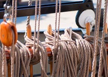 Ancient wooden sailboat pulleys and ropes detail royalty free stock image Ancient wooden sailboat pulleys and ropes detail royalty free stock image
