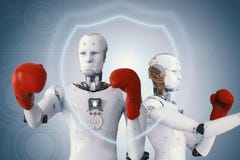 Androidu robot jest ubranym czerwone bokserskie rękawiczki fotografia stock Androidu robot jest ubranym czerwone bokserskie rękawiczki fotografia stock