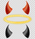 Angels halo and devils black red horns on transparent checkered background. Vector set stock illustration Angels halo and devils black red horns on transparent checkered background. Vector set stock illustration