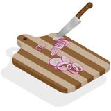 Anillos de cebolla tajados la cebolla se corta con un cuchillo en un tablero de madera de la cocina ilustración del vector Anillos de cebolla tajados la cebolla se corta con un cuchillo en un tablero de madera de la cocina ilustración del vector