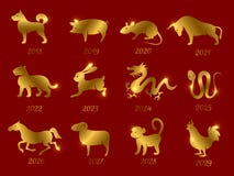 Animais chineses do zodíaco do horóscopo do ouro Vector os símbolos do ano isolados no contexto vermelho ilustração royalty free Animais chineses do zodíaco do horóscopo do ouro Vector os símbolos do ano isolados no contexto vermelho ilustração royalty free
