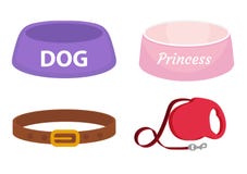 Animal accessories supplies set of icons, flat, cartoon style. Collection of items for dog care with bowl, leash, collar Stock Photo Animal accessories supplies set of icons, flat, cartoon style. Collection of items for dog care with bowl, leash, collar Stock Photo