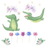Animal mignon numérique de clipart (images graphiques) de crocodile et fleurs pour la carte, affiches, illustration libre de droits Animal mignon numérique de clipart (images graphiques) de crocodile et fleurs pour la carte, affiches, illustration libre de droits