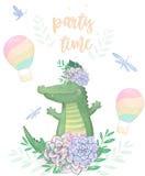 Animal mignon numérique et fleurs de clipart (images graphiques) de crocodile Vol Croc Texte de temps de partie Africain drôle de illustration libre de droits Animal mignon numérique et fleurs de clipart (images graphiques) de crocodile Vol Croc Texte de temps de partie Africain drôle de illustration libre de droits