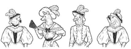 Animal women set. Vintage clothes fox, fish, bird and turkey. Raster illustration, sketch.