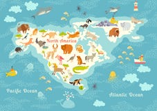Animals world map, North America. Colorful cartoon vector illustration for children and kids. Stock Images Animals world map, North America. Colorful cartoon vector illustration for children and kids. Stock Images