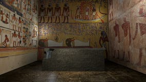Animated pharaoh tomb in ancient Egypt with closing doors. 3D rendering