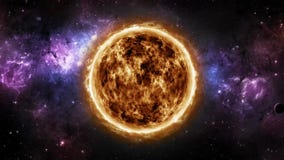 Animated spinning Sun in dark galaxy view, stars, asteroids, milky way. Animation, space, universe, cosmos