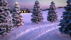 Animatie van de magische scène van de de winterzonsondergang met plattelandshuisje en Kerstmisboom 3d geef terug Naadloze lijn stock videobeelden Animatie van de magische scène van de de winterzonsondergang met plattelandshuisje en Kerstmisboom 3d geef terug Naadloze lijn stock videobeelden