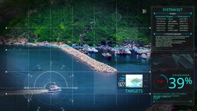 Animation digital security drone, camera or hologram scanning technology lock on island seaside city to prevent terrorist