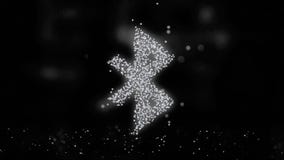 Animation of flying flickering particles form a mailing sign or Bluetooth symbol on dark background with earth map from royalty free illustration Animation of flying flickering particles form a mailing sign or Bluetooth symbol on dark background with earth map from royalty free illustration