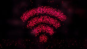 Animation of flying flickering particles form a wifi sign or internet symbol on dark background with earth map from dots vector illustration Animation of flying flickering particles form a wifi sign or internet symbol on dark background with earth map from dots vector illustration