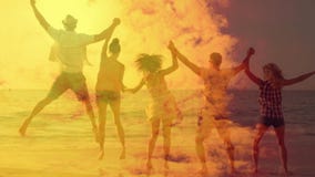 Animation of a group friends holding hands and jumping together by seaside with orange clouds.