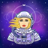Animation portrait of the young woman astronaut in an open space suit. stock illustration Animation portrait of the young woman astronaut in an open space suit. stock illustration