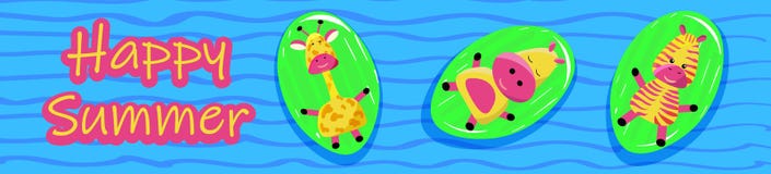 Animaux sauvages mignons d'hippopotame, de girafe et de zèbre du Madagascar et de l'Afrique sur un matelas gonflable dans la pisc illustration libre de droits Animaux sauvages mignons d'hippopotame, de girafe et de zèbre du Madagascar et de l'Afrique sur un matelas gonflable dans la pisc illustration libre de droits
