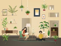 Anlagen zu Hause Innen Städtischer Garten mit dem grünen Pflanzen und Leute Raumin der innenvektorillustration lizenzfreie abbildung Anlagen zu Hause Innen Städtischer Garten mit dem grünen Pflanzen und Leute Raumin der innenvektorillustration lizenzfreie abbildung