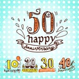 Anniversary signs set. Anniversary celebration ceremony congratulations sketch 10 20 30 40 50 signs colored collection set vector illustration royalty free illustration Anniversary signs set. Anniversary celebration ceremony congratulations sketch 10 20 30 40 50 signs colored collection set vector illustration royalty free illustration
