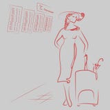 Annonce de l'atterrissage sur les avions La fille tient un grand sac Une femme se tient à l'aéroport La dame est illustration stock Annonce de l'atterrissage sur les avions La fille tient un grand sac Une femme se tient à l'aéroport La dame est illustration stock