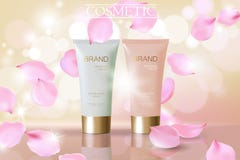 Annons för skönhetsmedel för kronblad för delikat rosa färgblomma fallande Beige vit modell för packe för reflexion för rör för m vektor illustrationer Annons för skönhetsmedel för kronblad för delikat rosa färgblomma fallande Beige vit modell för packe för reflexion för rör för m vektor illustrationer