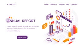 Annual Report online website template for delivering year end analytics and finances with copy space for text and vector illustration Annual Report online website template for delivering year end analytics and finances with copy space for text and vector illustration