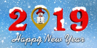 2019, ano novo feliz, 3d para render, lugar dentro do boneco de neve, neve na terra traseira ilustração do vetor 2019, ano novo feliz, 3d para render, lugar dentro do boneco de neve, neve na terra traseira ilustração do vetor