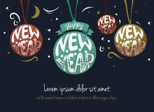 Ano novo feliz de rotulação desenhado à mão da inscrição dentro da bola do Natal do estilo dos desenhos animados com curva e para ilustração do vetor Ano novo feliz de rotulação desenhado à mão da inscrição dentro da bola do Natal do estilo dos desenhos animados com curva e para ilustração do vetor