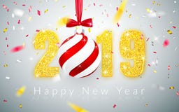Ano novo feliz 2019, projeto dos números do ouro de cartão, confete brilhante de queda, bola do Xmas com curva vermelha, ilustraç ilustração do vetor Ano novo feliz 2019, projeto dos números do ouro de cartão, confete brilhante de queda, bola do Xmas com curva vermelha, ilustraç ilustração do vetor