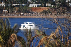 Ansicht der weißen Yacht, die in das blaue Meer vor der Küste von Ägypten durch die grünen Blätter schwimmt lizenzfreies stockfoto Ansicht der weißen Yacht, die in das blaue Meer vor der Küste von Ägypten durch die grünen Blätter schwimmt lizenzfreies stockfoto