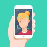 Ansikts- erkännandebegrepp Framsidalegitimation, system för framsidaerkännande Hållande smartphone för hand med det mänskliga huv vektor illustrationer Ansikts- erkännandebegrepp Framsidalegitimation, system för framsidaerkännande Hållande smartphone för hand med det mänskliga huv vektor illustrationer