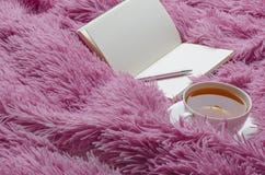 Anteckningsbok te med citronen på den ljusa rosa filten Koppla av och planera tid royaltyfria bilder Anteckningsbok te med citronen på den ljusa rosa filten Koppla av och planera tid royaltyfria bilder