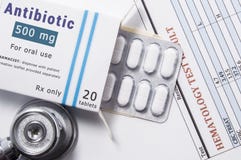 Antibiotic drug. Open paper packaging box of medication with name group of drug Antibiotic, blister with pills, next to stethoscop Stock Image Antibiotic drug. Open paper packaging box of medication with name group of drug Antibiotic, blister with pills, next to stethoscop Stock Image