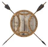 Antiker alter hölzerner Pfeil und Schild lokalisiert lizenzfreies stockbild Antiker alter hölzerner Pfeil und Schild lokalisiert lizenzfreies stockbild