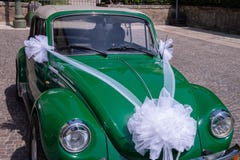 Antique cabrio car. Green, Volkswagen Beetle. For wedding service. royalty free stock photography Antique cabrio car. Green, Volkswagen Beetle. For wedding service. royalty free stock photography