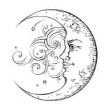Antique style hand drawn art crescent moon. Boho chic tattoo design vector