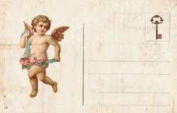 Antique style valentine`s postcard featuring cupid and heart stock photo Antique style valentine`s postcard featuring cupid and heart stock photo