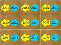 Antonym concepts of new year versus old year written on opposite arrows vector illustration Antonym concepts of new year versus old year written on opposite arrows vector illustration
