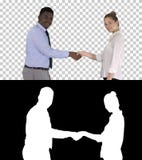 Aperto de mão da mulher de negócio e do homem de negócio que levantam para a imagem, Alpha Channel fotos de stock royalty free Aperto de mão da mulher de negócio e do homem de negócio que levantam para a imagem, Alpha Channel fotos de stock royalty free